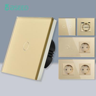 BSEED 1/2/3Gang Touch Switch 1Way Type-c USB Wall Sockets EU Standard Light Switch With Power Sockets Glass Panel Gold