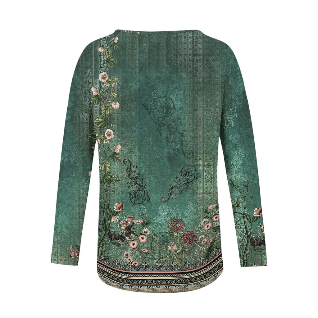 Damen Casual Mode Locker Rundhals Retro Print Langarm Oberteil