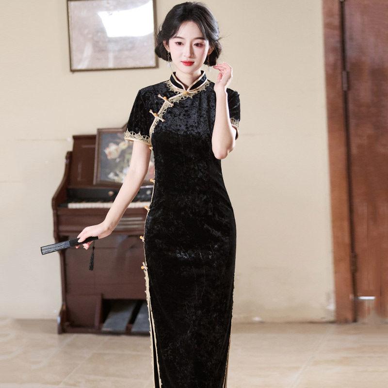 Black velvet national style new Chinese style Suzhou long autumn cheongsam improved young women's high sense daily wear