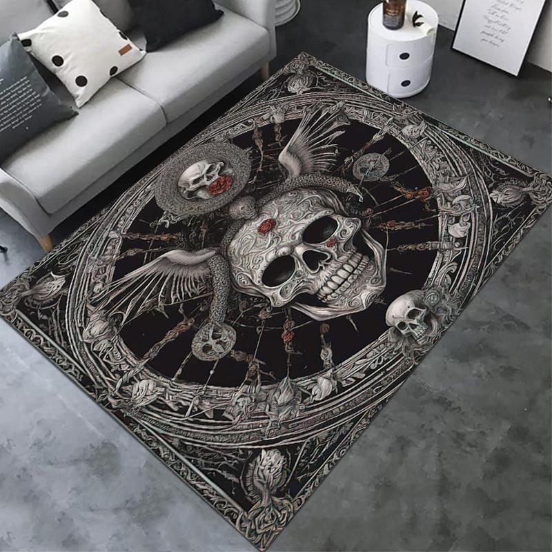 1PC Skull Dark Gothic Pattern Printed Carpet Rug for Living Room Bedroom Home Sofa Decoration,Non-slip Floor Mat Floor Mat