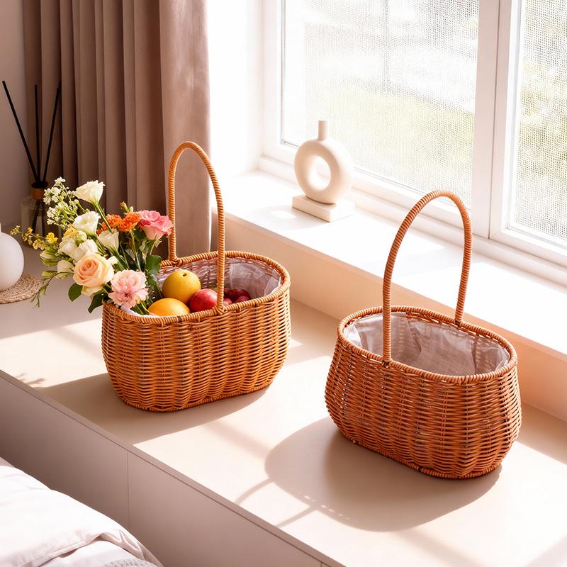 Handheld Woven Rattan Flower and Fruit Basket - Perfect for Shops, Children's Day, Souvenirs, or Postpartum Gifts