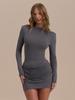 Women's Slim-Fit Pleated Dress: Long Sleeve, Waist-Cinching, Solid Color, Hip-Hugging Design