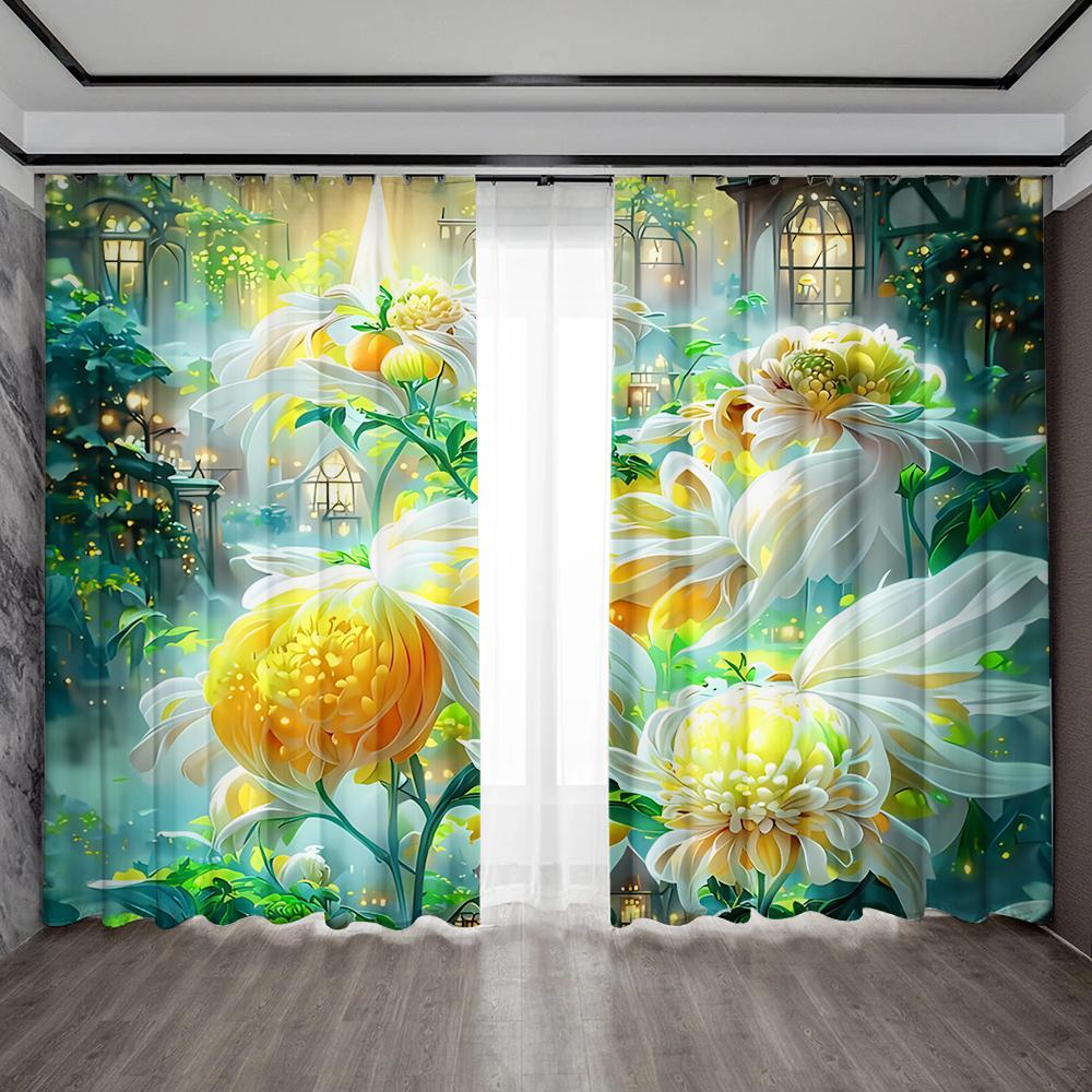 2PC Home Decoration Curtains With Dreamy Floral Background And Rod Pocket Curtains, Suitable For Kitchens, Cafes, Living Rooms