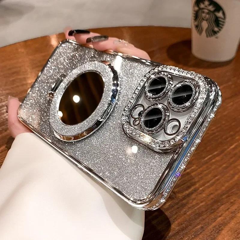 Luxury Diamond Clear Glitter Magsafe Phone Case For iPhone 17 Pro Max 16 11 14 13 12 15 Pro Max Magnetic Holder Stand Soft Cover