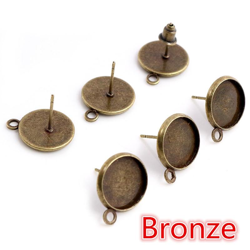 12mm 30pcs Rhodium Brone Gold Silver Plated Stainless Iron Earring Studs(with Ear Plug) Base,Fit 12mm Glass Cabochons