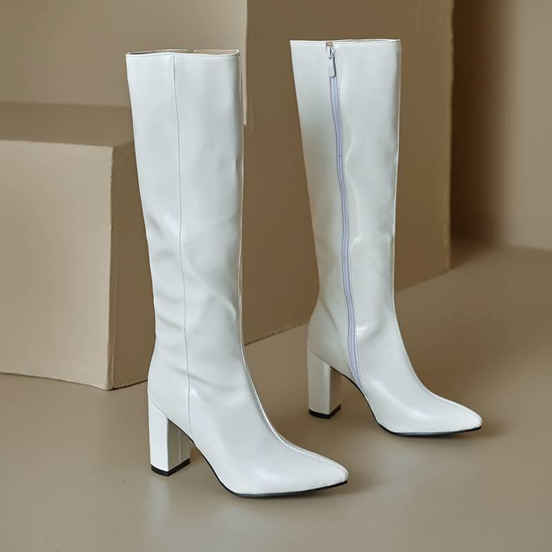 Korean Version of Pointed High-heeled Large-size Women's Boots, Comfortable Square-heeled Side Zipper Fashion Boots, New Patent Leather Red High Boots