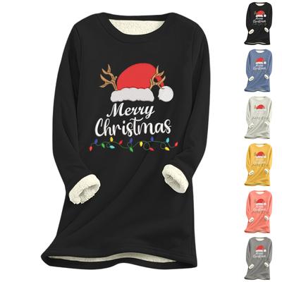 Damen Weihnachts-Print Dick Plüsch Lammwolle Warm Langes Oberteil