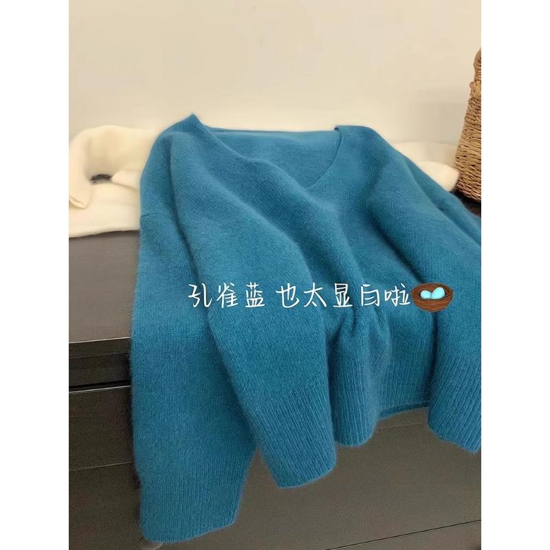 New Christmas red raccoon velvet v-neck sweater women's autumn and winter soft waxy lazy wind knitted sweater loose inner top