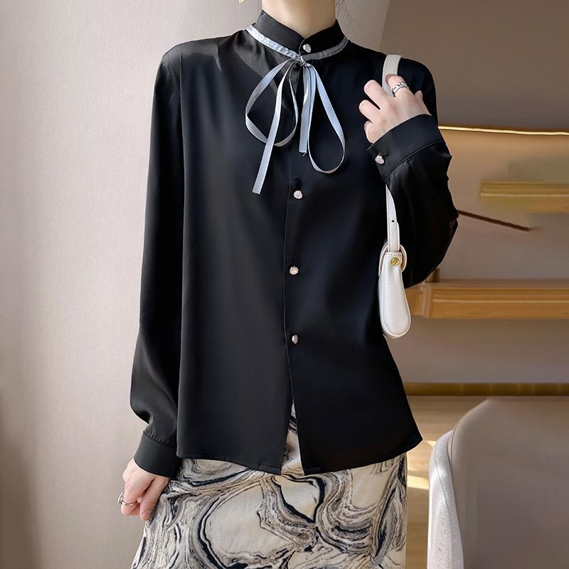 

Рубашка со стойкой женская летняя с длинным рукавом модный универсальный однотонный кардиган XXL чёрный