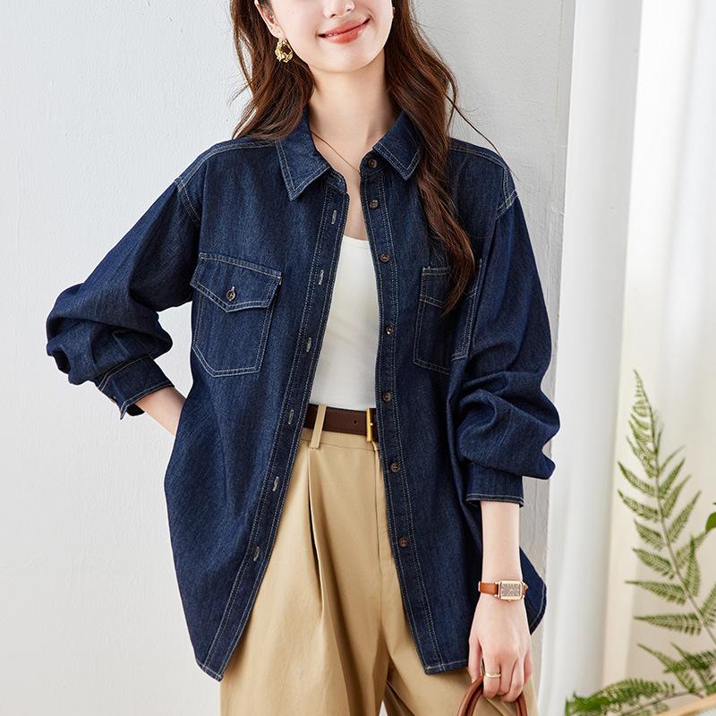

Cotton Cocoon Denim Shirt Jacket for Women Long Sleeve Spring New Retro Literary Top Blue Women s Shirt M