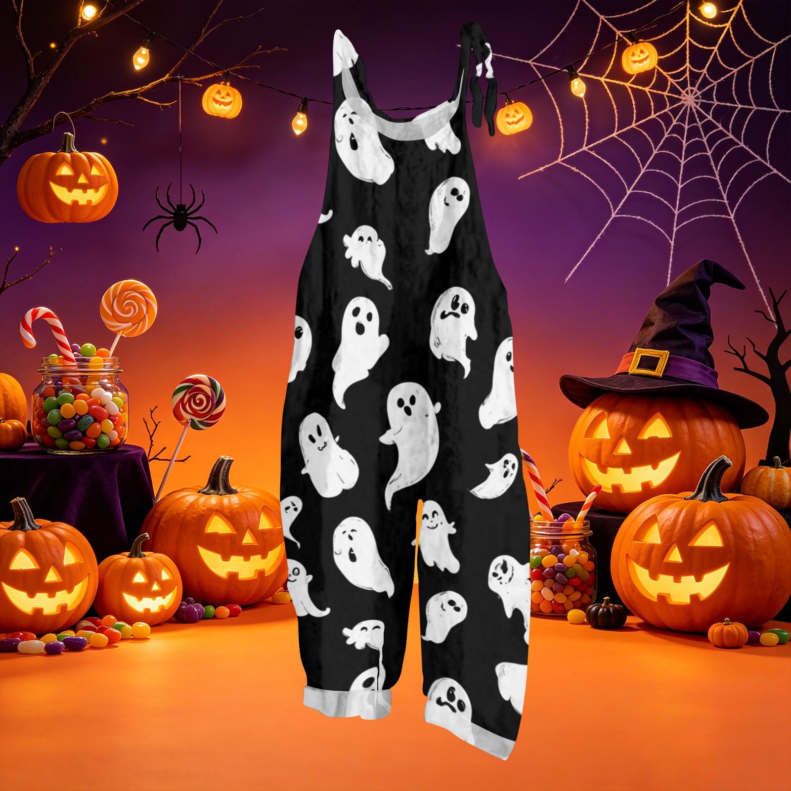 Womens Halloween Print Loose Fit Vintage Style Overalls Casual Jumpsuit Cotton Linen Blend Adjustable Shoulder Straps L чёрный