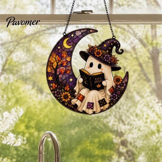 Whimsical Lawn Decor 2D Ghost Moon Pumpkin Acrylic Suncatcher, Halloween Window Home Garden Accents Hanging Ornament, Autumn Thanksgiving Yard