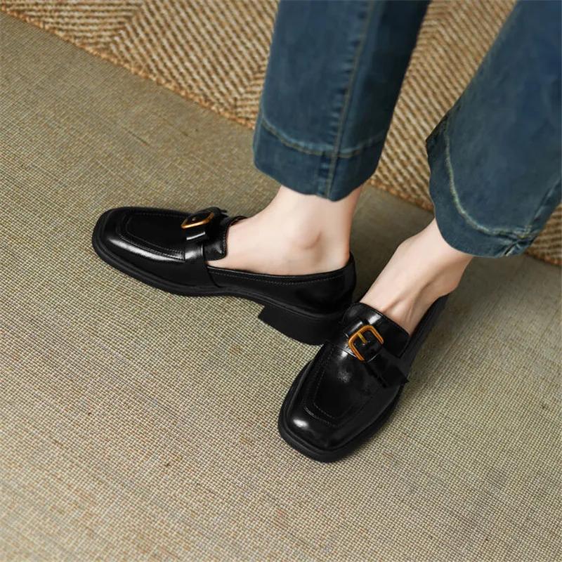 Fashion New Autumn Winter Split Leather Women Pumps Shoes for Women French Square Toe Loafers Zapatos Mujer Chunky Heels Ladies Shoes