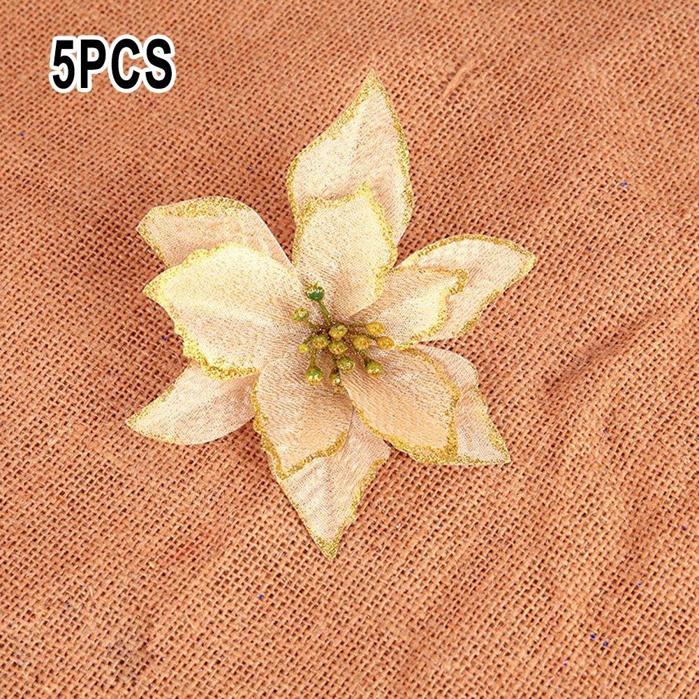 5/24PCS Glitter Artificial Poinsettia Christmas Tree Ornament Home Decor Flower