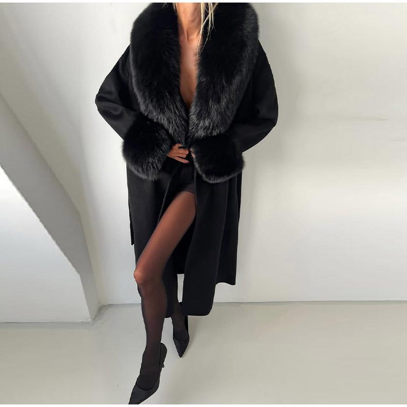 Pelzkragen Schnürwollmantel Damen Herbst und Winter Neuer dicker Mantel Einfarbig Langer modischer Mantel