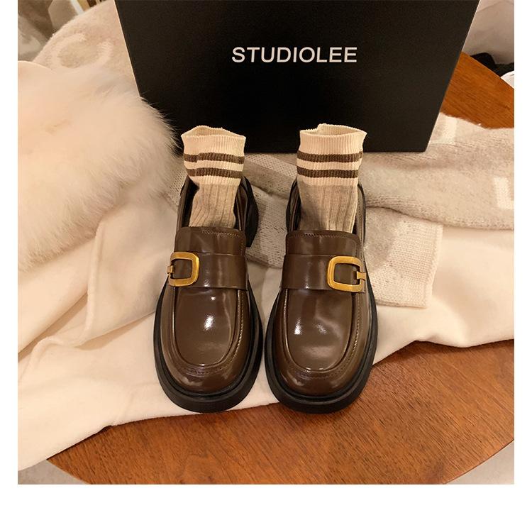 Sheepskin grape mother same noble gold buckle platform loafers women's leather round head British lazy thick heel small leather shoes
