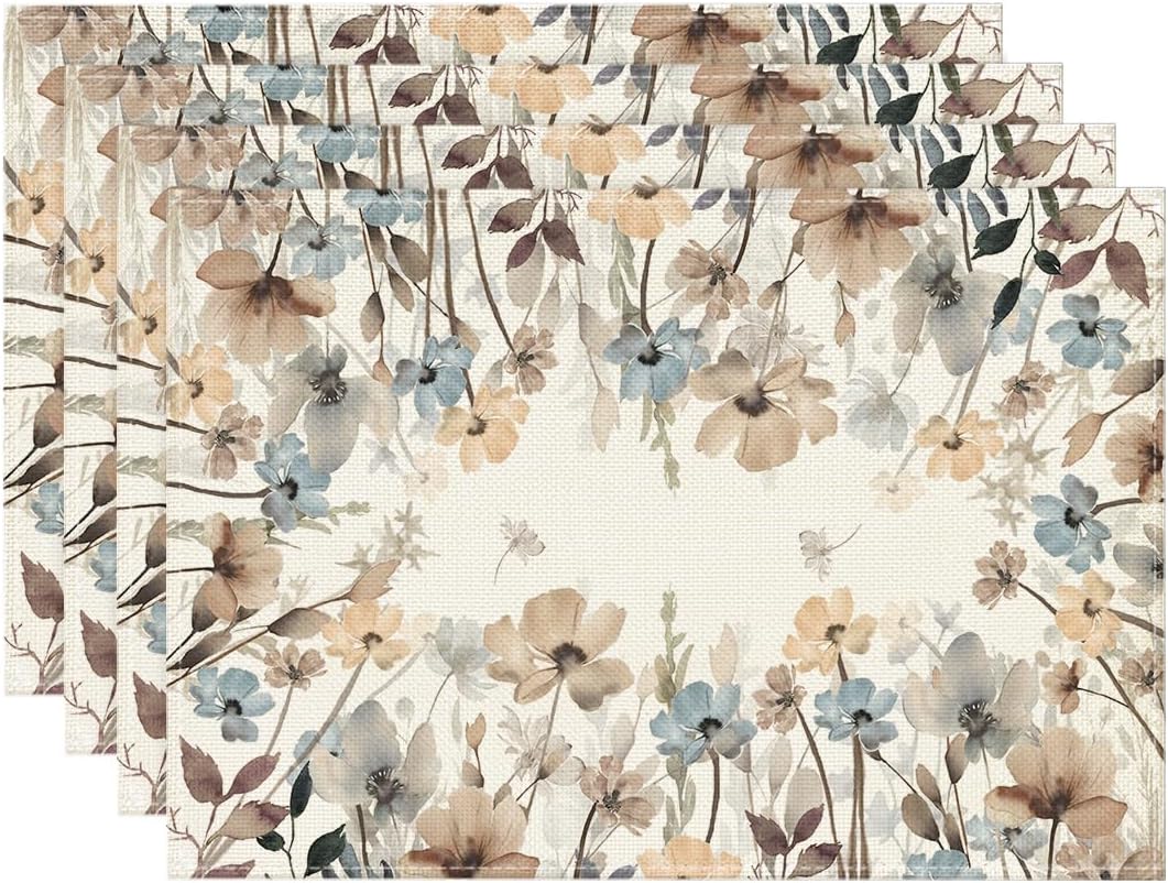 

Brown Poppy Flowers Floral Blossom Summer Placemats Set of 4,12x18 Inch Seasonal Fall Table Mats for Party Kitchen Dining Decoration 4pcs-12x18