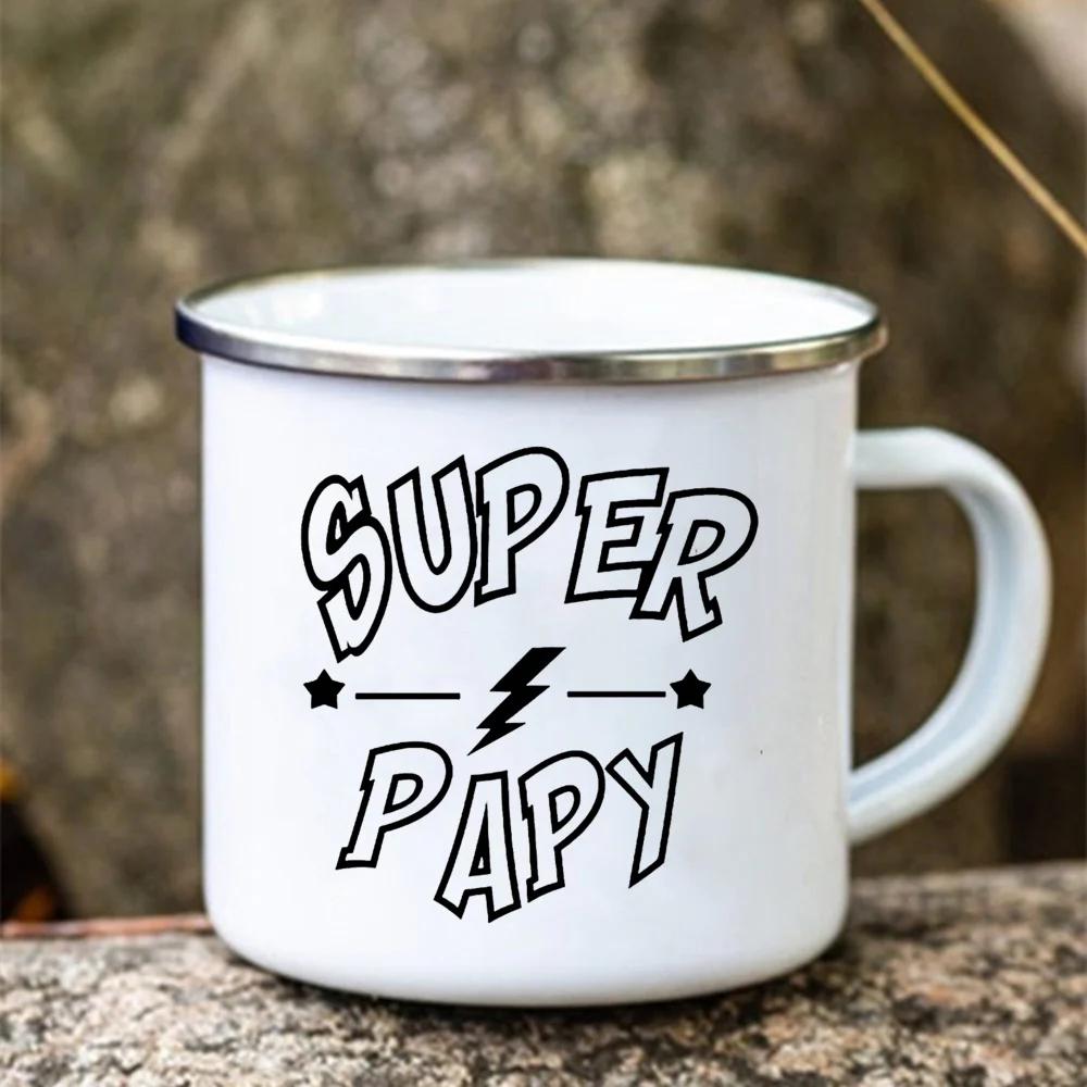 Super Papy Print Mugs Creative Coffee Cups Drink Water Tea Camping Cup Enamel Mug Outdoor Home Handle Drinkware Gift for Grandpa