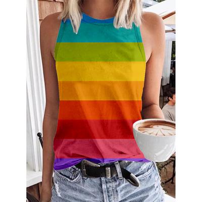 Women's Geometric Rainbow 3D Printed Sleeveless T-shirt, Round Neck Off Shoulder Casual Tank Top, Y2K Sleeveless T-shirt, Women's Summer Dress