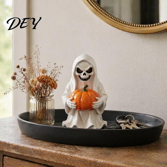 Spooky Holiday Gift for Friends Halloween White Ghost Pumpkin Resin Statue, Holding Mini Durable Ornament Figurine Garden Yard Tabletop Mantel