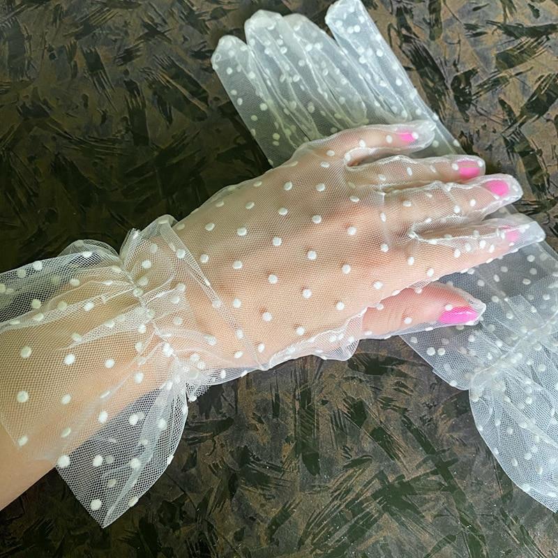 1 Pair Women Thin Short Tulle Gloves Stretchy Lace Spots Sheers Flexible Accessories Full Finger Short Gloves