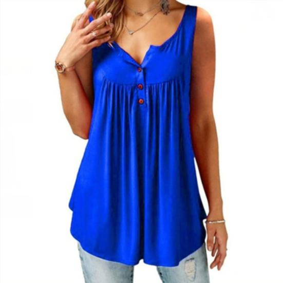 Women Solid Color U Neck Camisole Sleeveless Pleated Tank Top Button Loose Vest