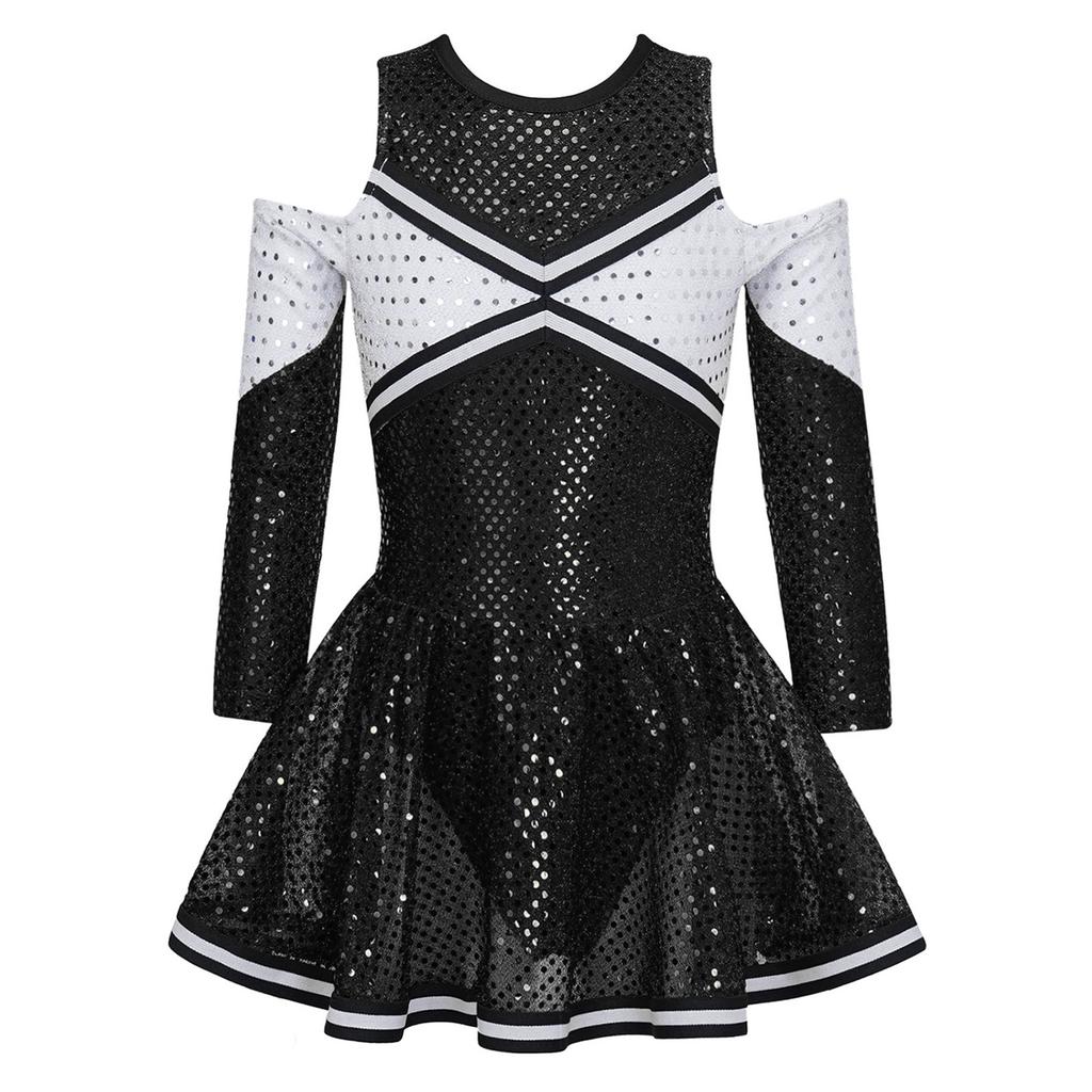 Girls Cheerleading Dress Long Sleeve Off Shoulder Round Neck Contrast Color Shiny Sequins Dance Costume