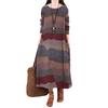 2025 Spring Women's Mid-Length Patchwork Striped Cotton Linen Dress with Round Neck and Long Sleeves