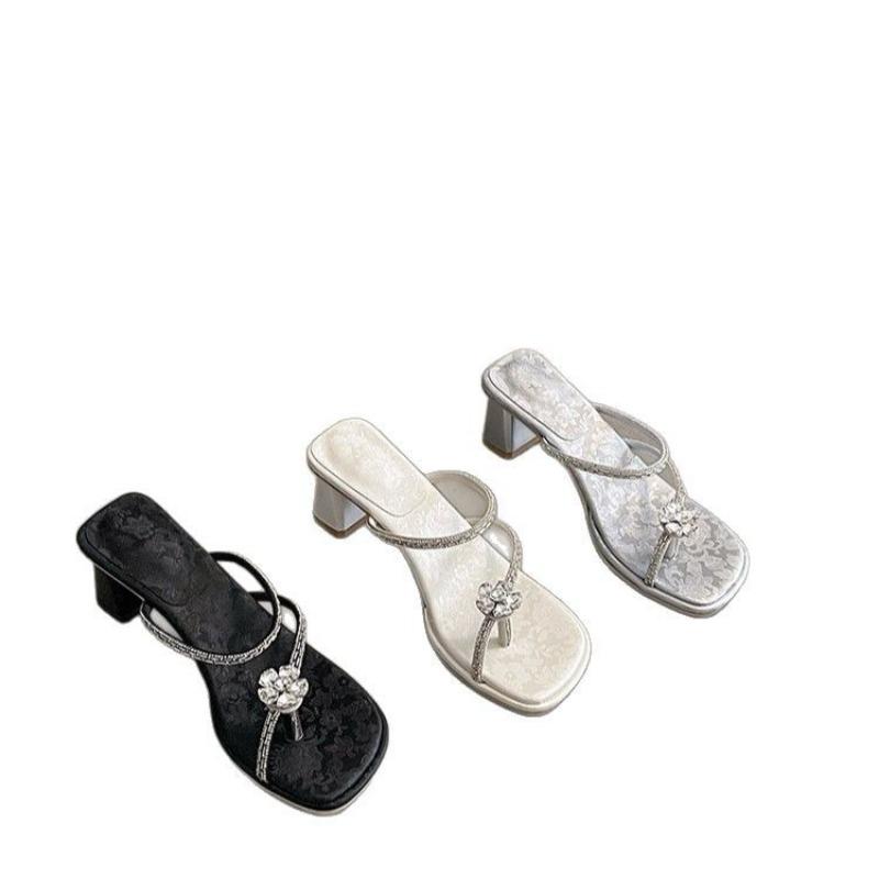 Slippers women's summer new square head thick heel cover toe rhinestone sandals versatile fashion word with high heels