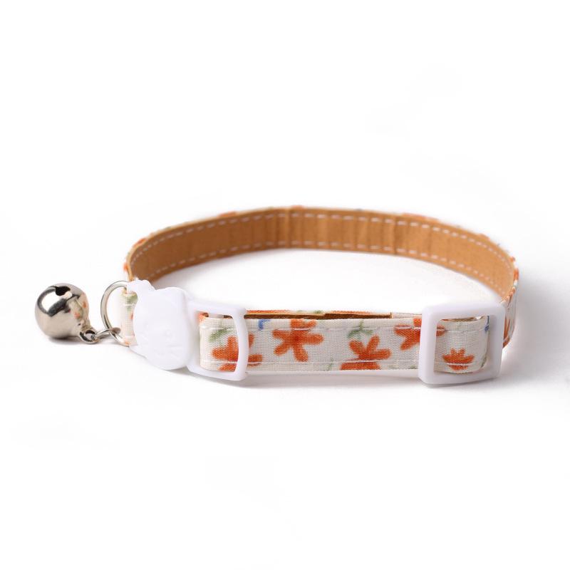 Leather-Lined Floral Cat Collar with Bell, Adjustable Size, Skin-Friendly
