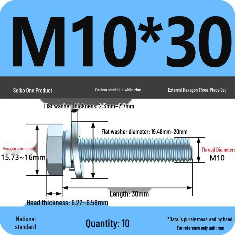 Grade 8.8 Galvanized Hex Bolt Set: Includes Hex Bolt, Spring Washer, Flat Washer (Sizes: M4, M5, M6, M8, M10, M12)