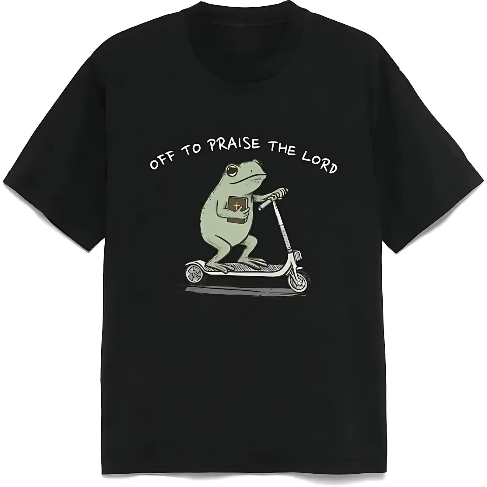Funny Christian Off To Praise The Lord Frog Graphic T-Shirt, Casual Unisex Round Neck Streetwear for Bible Study S