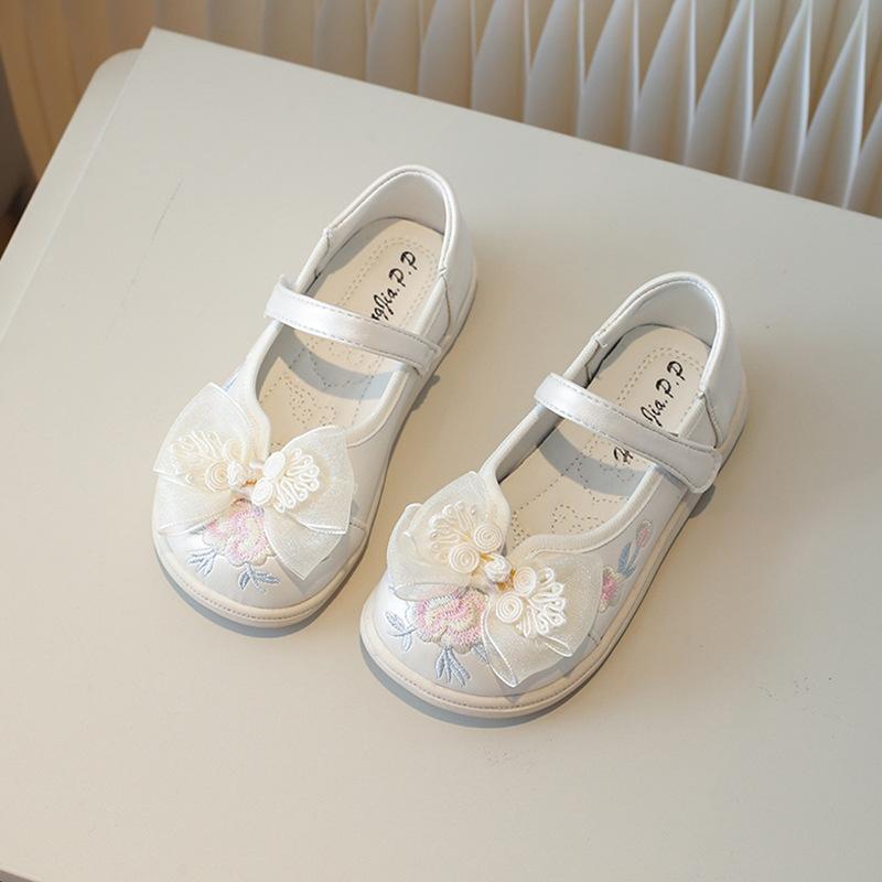Little Girls Soft Leather Shoes Kids Mary Janes Embroidery Flowers Traditional Chinese Style Princess Hanfu Shoes Child H06135
