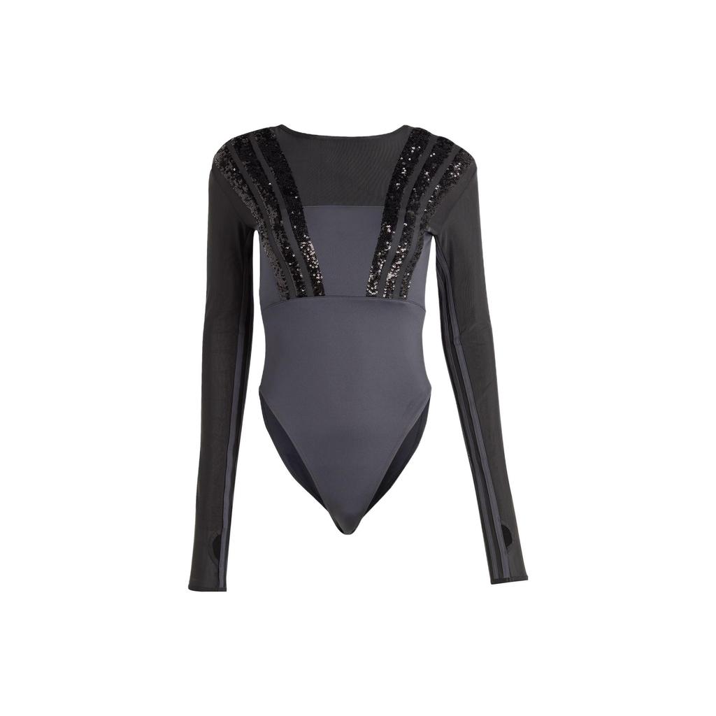 Adidas Originals Blue Version Santiago Bodysuit Solid Color Sequin Pattern Long Sleeve Jumpsuit Women Jumpsuit Black HR3417