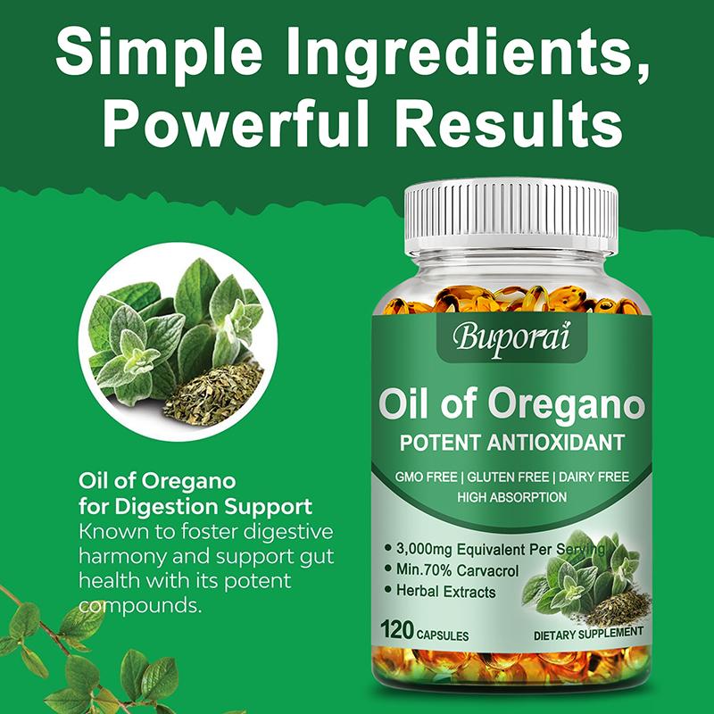 Buporai Capsule Estratto di Olio di Origano, 3000 mg per porzione, forniscono supporto immunitario, potenziano il sistema immunitario e promuovono la salute intestinale.