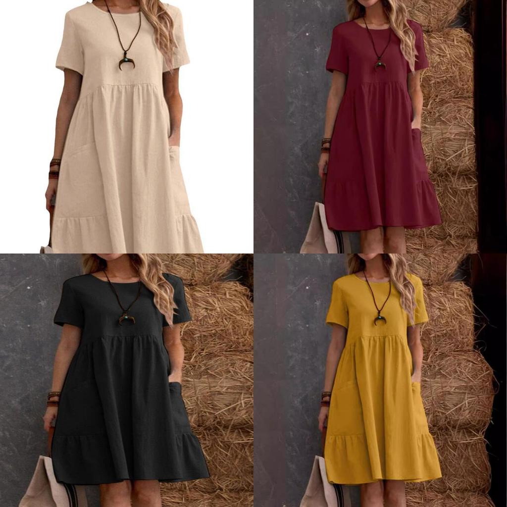 Vintage Cotton Linen Summer Dress With Pockets And Pleated Details For Women