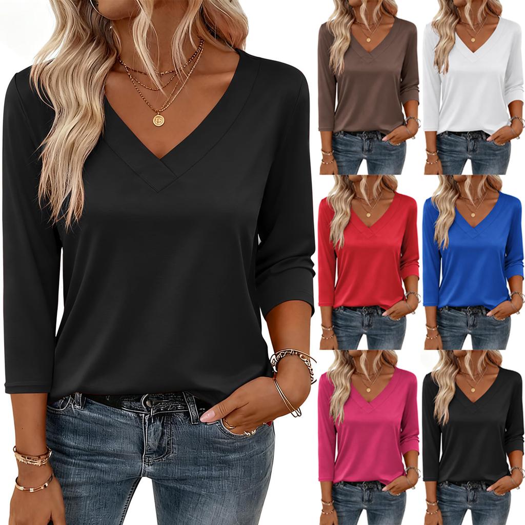 Damskie bluzki z rękawem 3/4, koszulki z dekoltem V, casualowe bluzki, podstawowe t-shirty