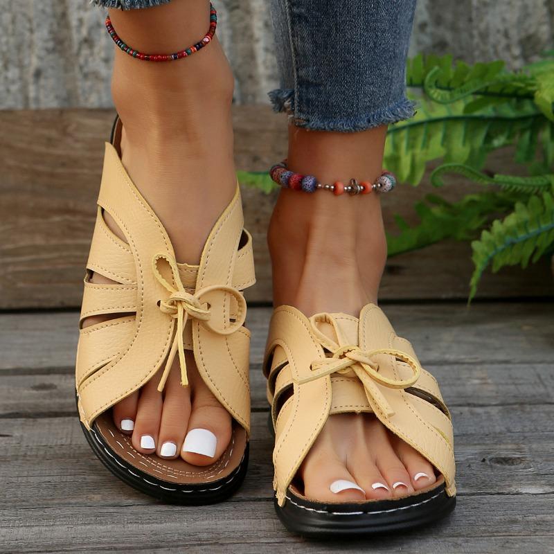 New summer women's wedge heel fish mouth slippers solid color large size bow decorative sandals women