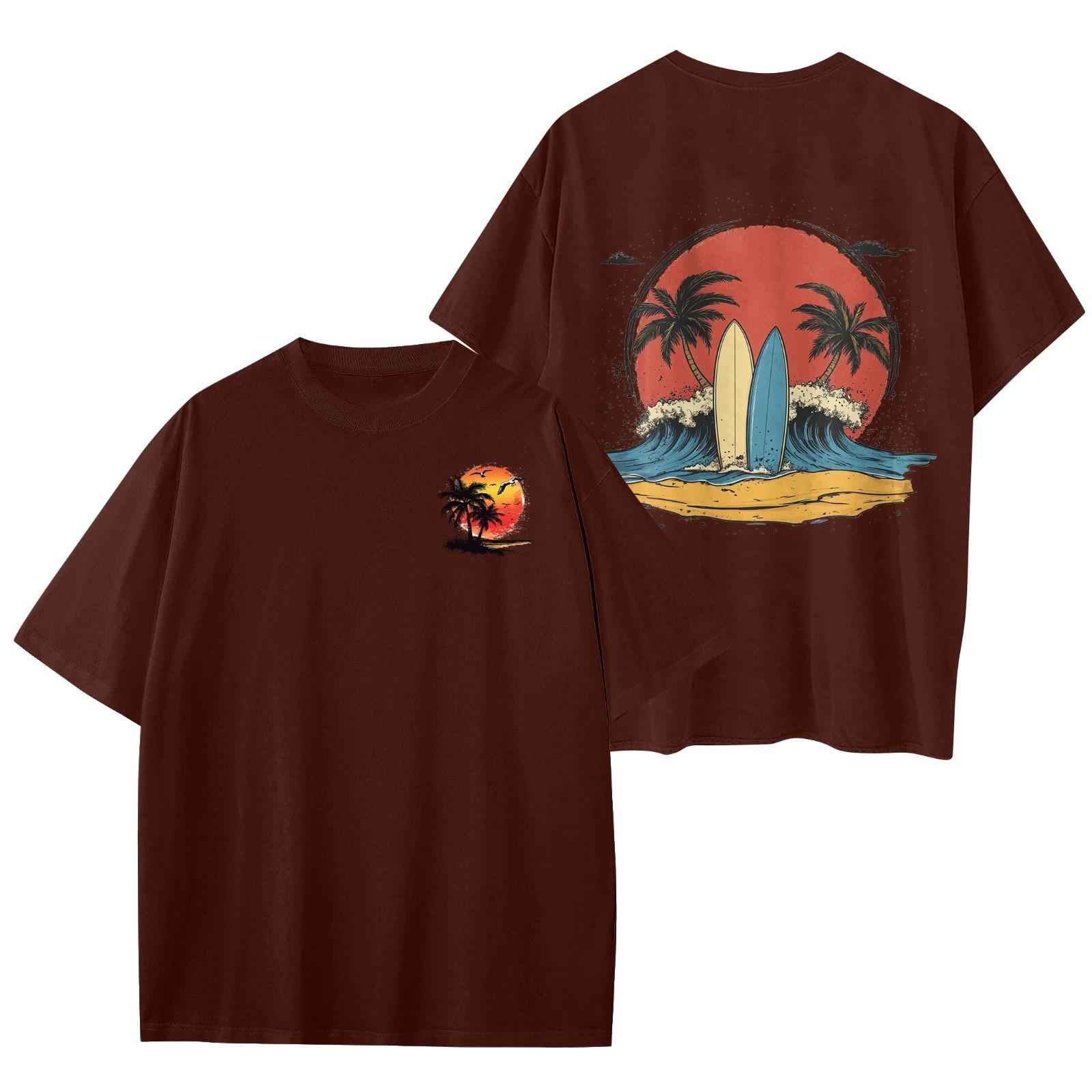 

Женский круглый вырез модный свободный гавайский принт короткие рукава S винный