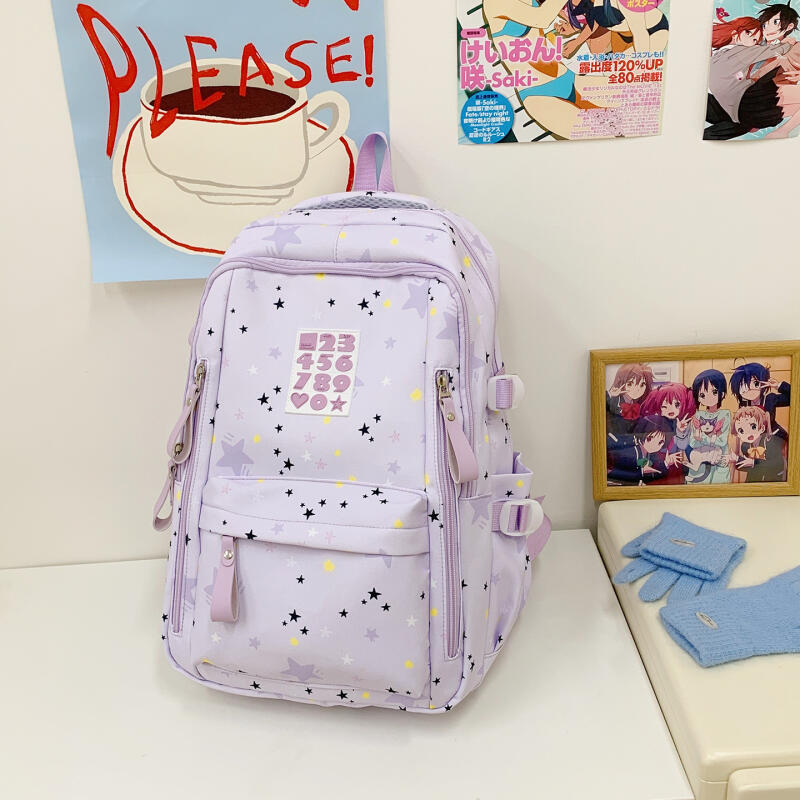 Cute Star-Print Nylon Backpack – Stylish & Lightweight School Bag for Girls, Teens, and Women