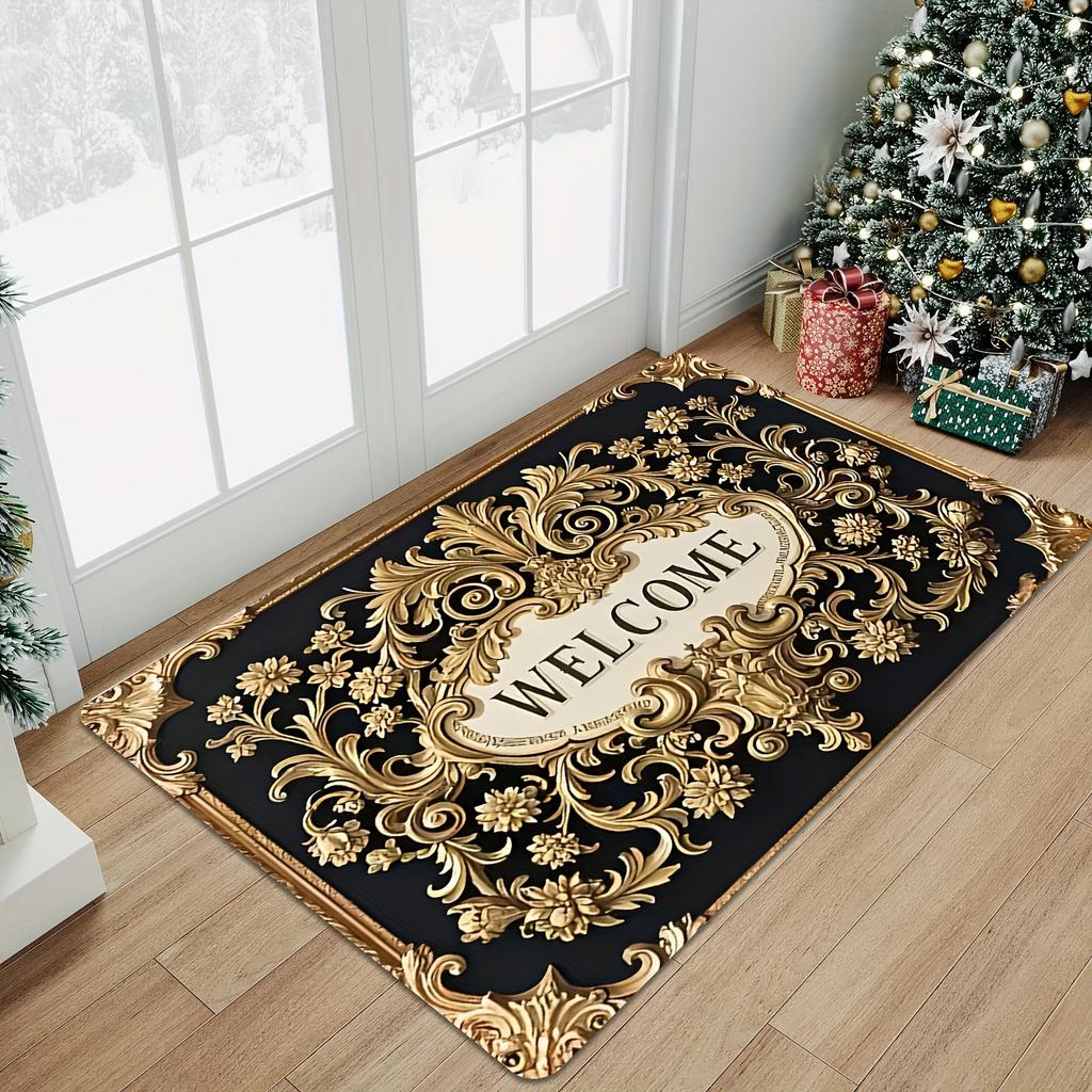 Black Gold Baroque Welcome Print Carpet Plush Flannel Rug Living Room Bedroom Home Decor Area Rug Non Slip Floor Mat