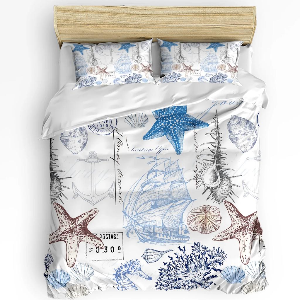Blue Marine Coral Shels Starfish Soft Duvet Cover featuring Pilow Case Custom 3pcs Beding Set Comfortable Quilt Cover Double Bed Home Textile