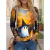 Round Neck 3D Ghost Printed Top Casual Long Sleeved Women's T-shirts - Soft Medium Stretch Polyester Fabric Spring and Autumn Relaxed Fit Clothing
