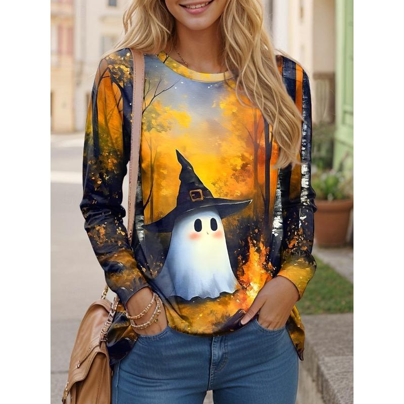Round Neck 3D Ghost Printed Top Casual Long Sleeved Women's T-shirts - Soft Medium Stretch Polyester Fabric Spring and Autumn Relaxed Fit Clothing