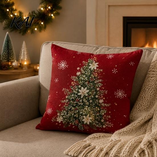 Christmas Pillow Covers Set of 4 Throw Covers, Red Poinsettia Reindeer Pine Branch Cozy Holiday Accent Pillows Cushion Cases, Xmas Decor for