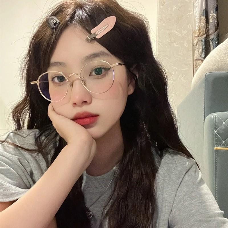 Retro Gold Round Frame Women'S Plain Face Pure Desire Wind Matte Glasses Can Be Equipped With Myopia Frame