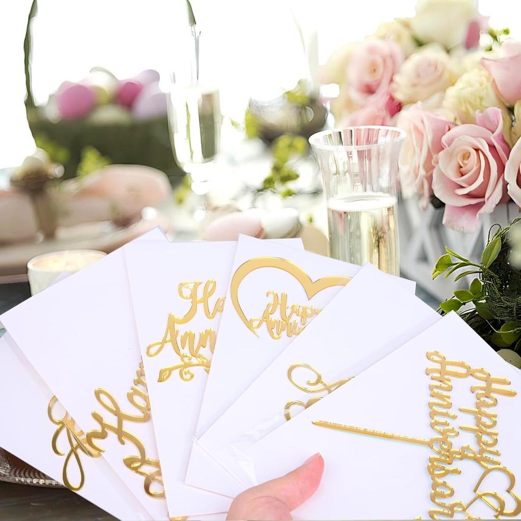 6pcs Happy Anniversary Cake Topper Gold Acrylic Cake Topper, Happy Anniversary Cake Sign, Wedding Cake Decorations Party Supplies