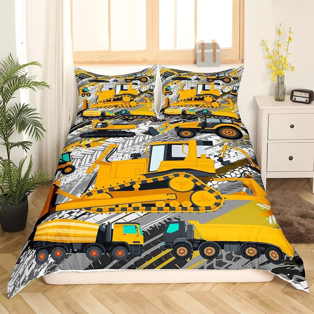 Excavator King Queen Duvet Cover Cartoon Construction Truck Bedding Set for Kids Boys Girls Tractor 2/3pcs Polyester Quilt Cover
