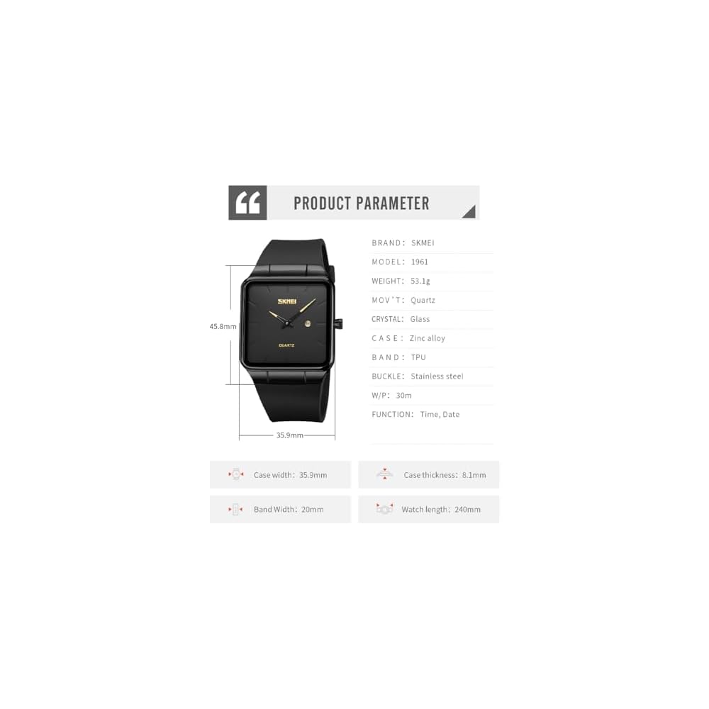 Square Men's Watch Leather Strap Black Simple Slim Stylish Waterproof Casual Business Gift Black Green