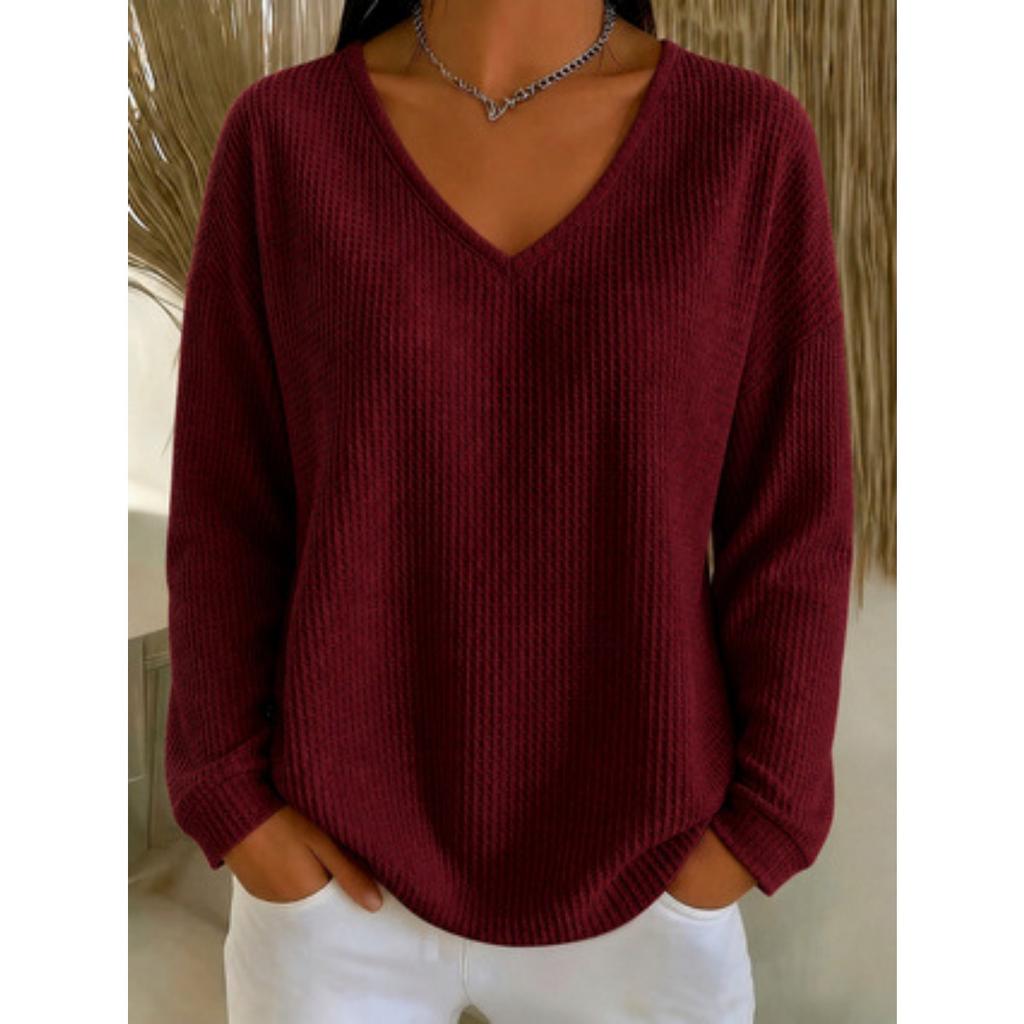 T-shirt à manches longues gaufré col en V décontracté ample pour femme Automne Hiver Couleur unie Haut polyvalent pour Européen Américain